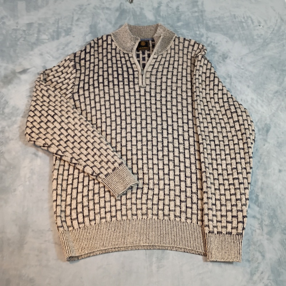 F/X Fusion Mens Large Quarter Zip Sweater Basketweave Knit Tan Navy Mock Neck